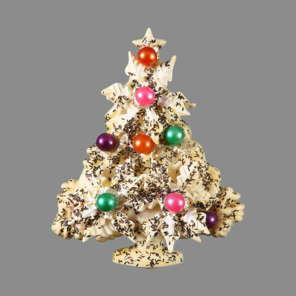 VTG PLASTIC CHRISTMAS TREE BROOCH Off-White w/Glitter COLORFUL BALL ORNAMENTS